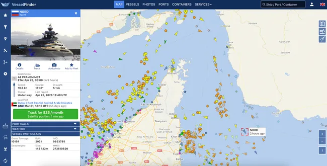 142-метровая суперъяхта «Nord», принадлежащая бизнесмену Алексею Мордашову, вышла из Дубая, прошла через Ормузский пролив и следует в сторону Омана; по данным сервисов слежения, в те же часы пролив пересекли и несколько судов под американскими санкциями.