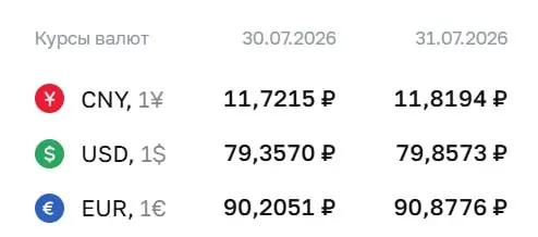 Официальный курс ЦБ на 31 июля: доллар — 79,86 ₽, евро — 90,88 ₽, юань — 11,82 ₽. Центробанк использует этот курс при расчетах по ряду инструментов, включая облигации и фьючерсы.