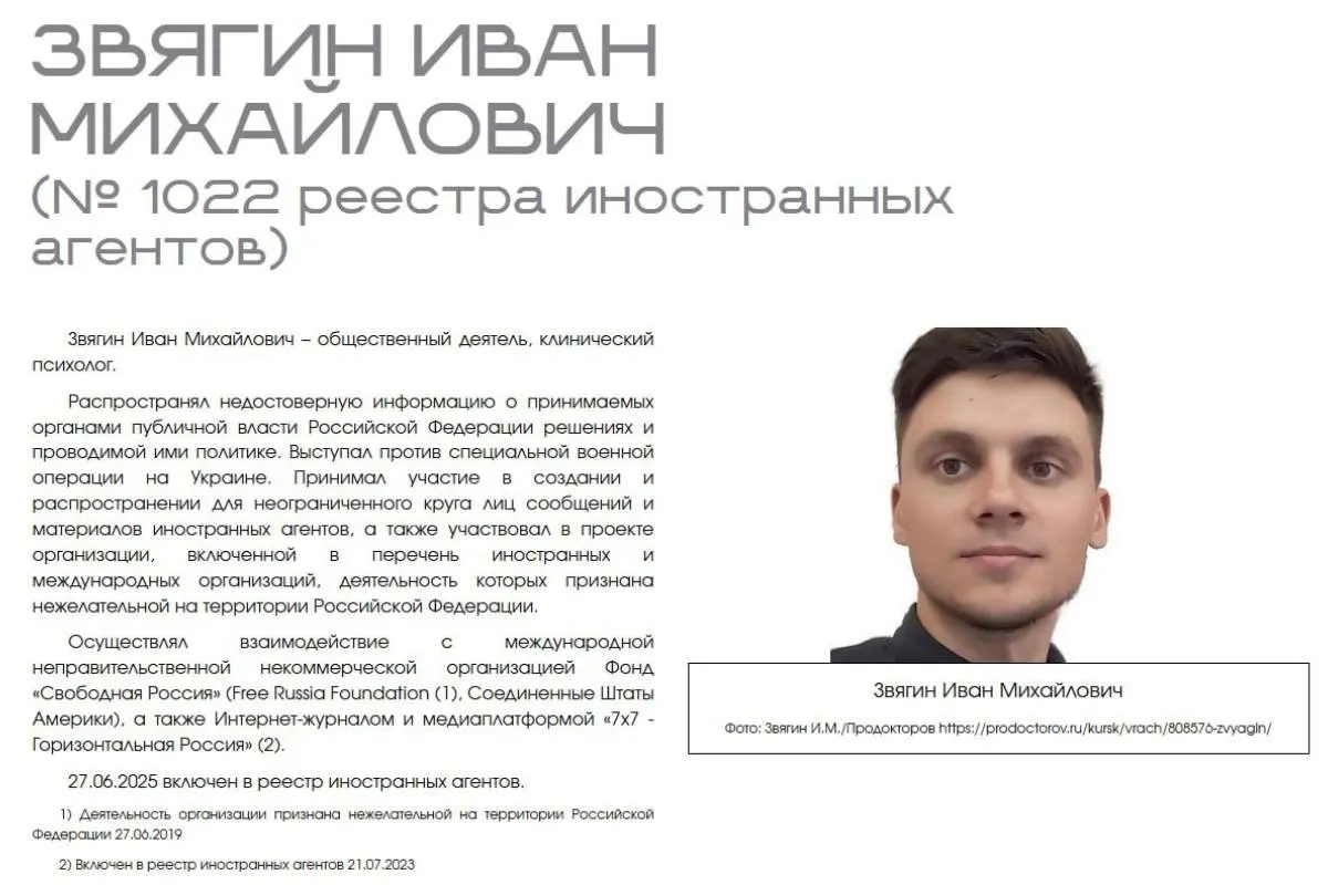 Иван Звягин оспаривает публичную классификацию иноагентов на сайте ведомства, утверждая, что это повлекло профессиональную дискриминацию, нарушение презумпции невиновности и нецелевую обработку данных.