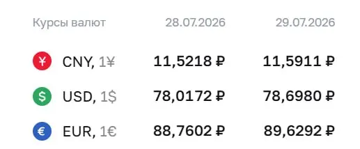 Официальный курс на 29 июля: доллар — ₽78,7; евро — ₽89,63; юань — ₽11,59. Для доллара это максимум с 8 апреля.