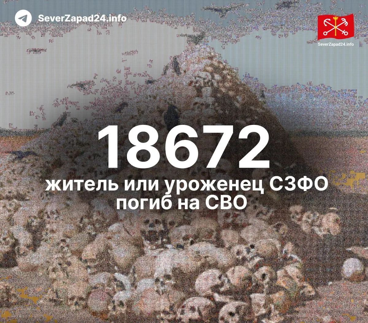 Не менее 18 672 погибших жителей и уроженцев Северо‑Западного федерального округа по итогам СВО. Подсчёты по регионам показывают разбивку по Карелии, Коми, Ленинградской области и другим регионам.