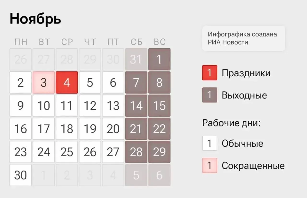 Коротко: 4 ноября — выходной в рамках Дня народного единства; 2–3 и 5–6 ноября — рабочие дни.